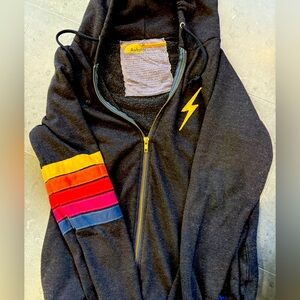 Aviator Nation Charcoal Hoodie with Rainbow Stripes